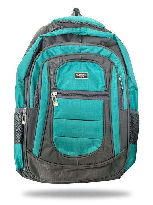 "Front view of teal and gray Fashion Sport backpack featuring multiple zippered compartments, front organizer pocket with brand label, dual side mesh storage pockets, and sporty color-block design"
