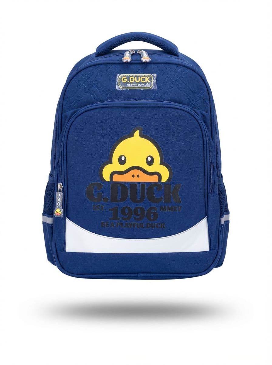 Blue backpack with G.Duck logo on a white background