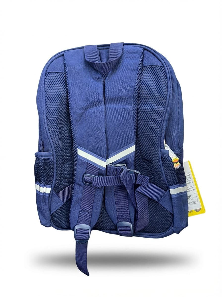 Blue backpack with reflective stripes on a white background