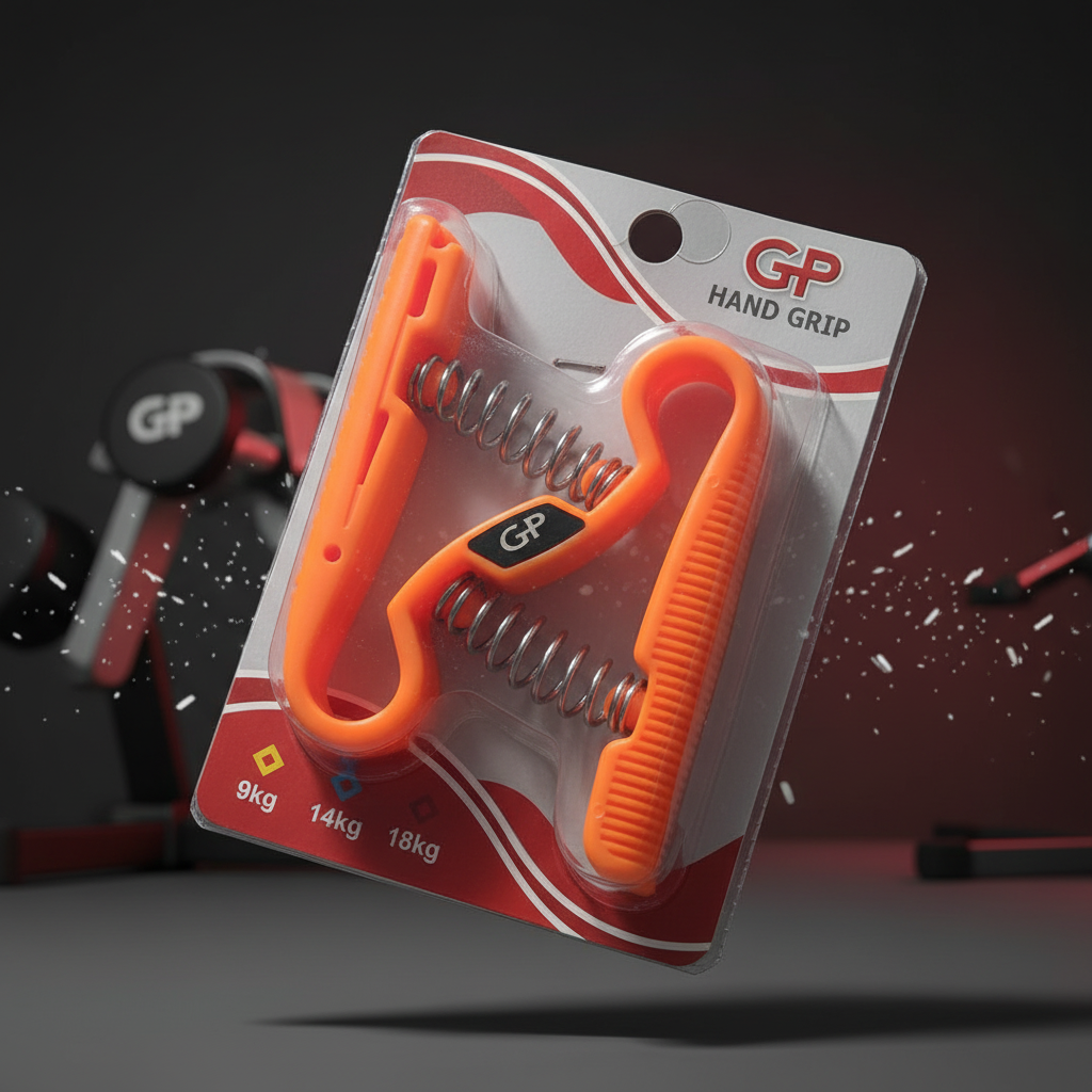 "GP Galaxy Power orange dual spring hand grip strengthener with chrome metal coils and ergonomic ribbed handles, shown in retail blister packaging with 9kg 14kg 18kg resistance indicators and GP branding, displayed on dark gym surface with chalk dust particles"
