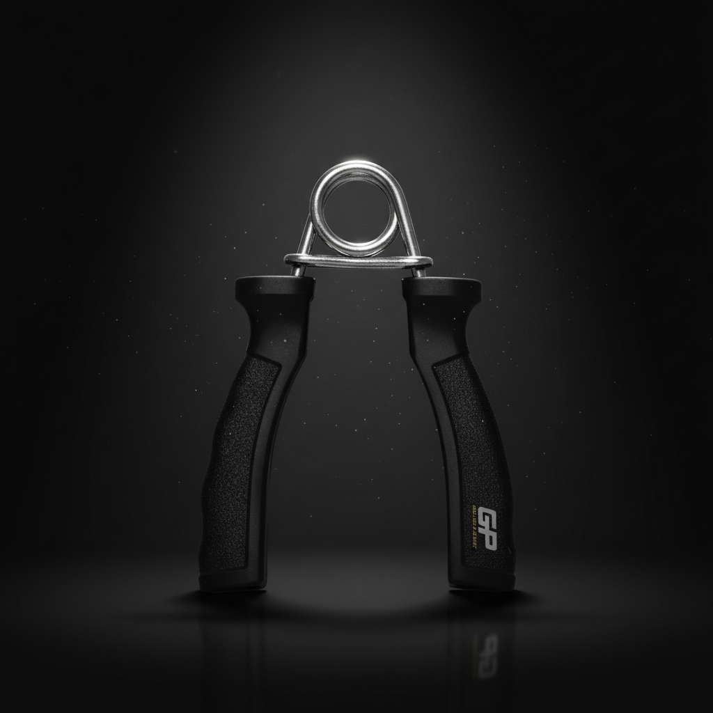 "GP Galaxy Power heavy duty hand grip strengthener with black ergonomic textured handles and chrome metal spring, displayed against dramatic dark background with floating dust particles highlighting the premium fitness equipment design"
