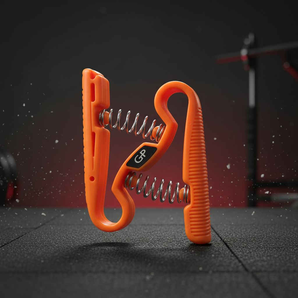 "GP Galaxy Power orange dual spring hand grip strengthener with chrome metal coils and ergonomic ribbed handles, shown in retail blister packaging with 9kg 14kg 18kg resistance indicators and GP branding, displayed on dark gym surface with chalk dust particles"
