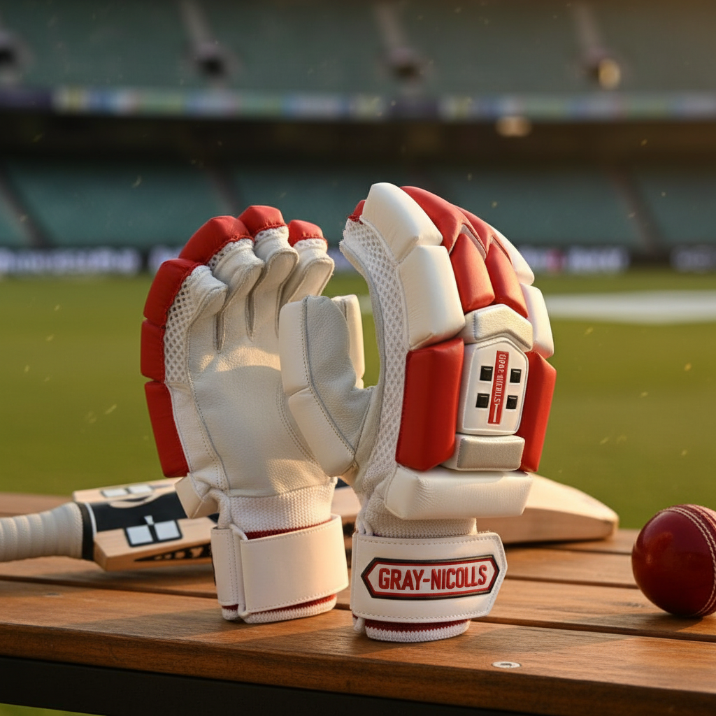 "Gray-Nicolls professional cricket batting gloves in red and white colorway displayed on wooden bench with cricket bat and red leather ball, stadium background showing protective padding and mesh ventilation details"
