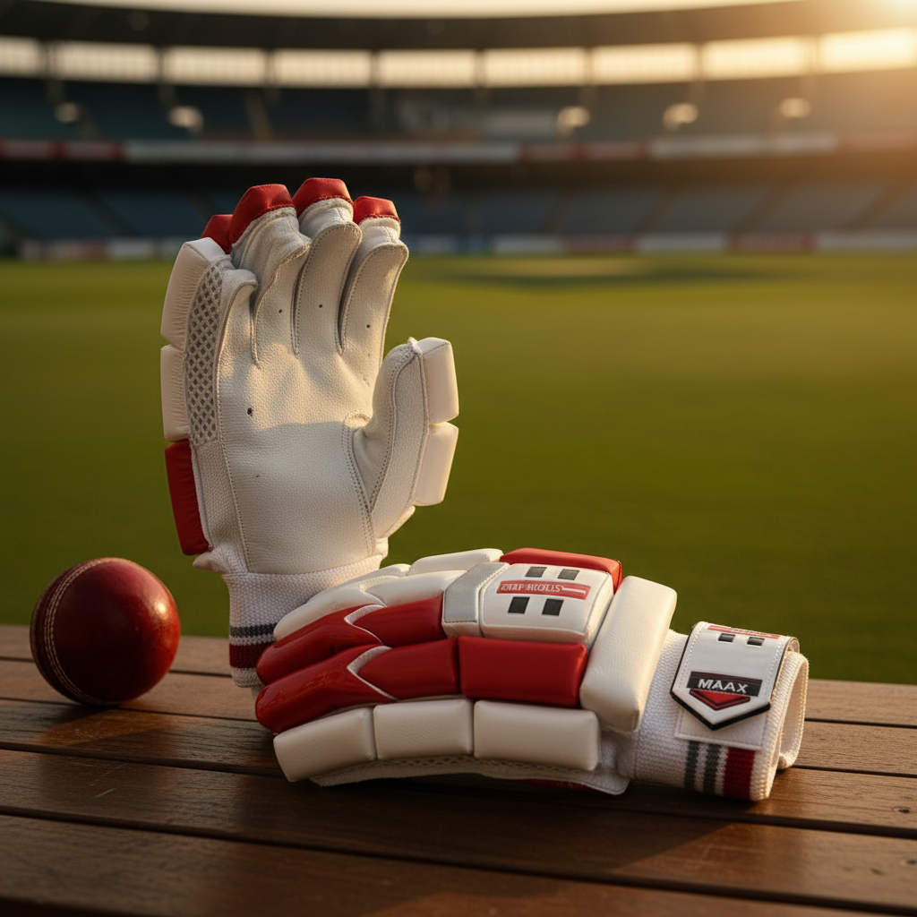 "Gray-Nicolls professional cricket batting gloves in red and white colorway displayed on wooden bench with cricket bat and red leather ball, stadium background showing protective padding and mesh ventilation details"
