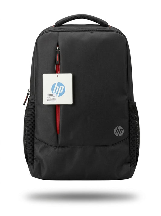 "Front view of HP black laptop backpack with red zipper accents, mesh side pockets, gray HP logo on bottom right, and white product tag attached, on white background"
