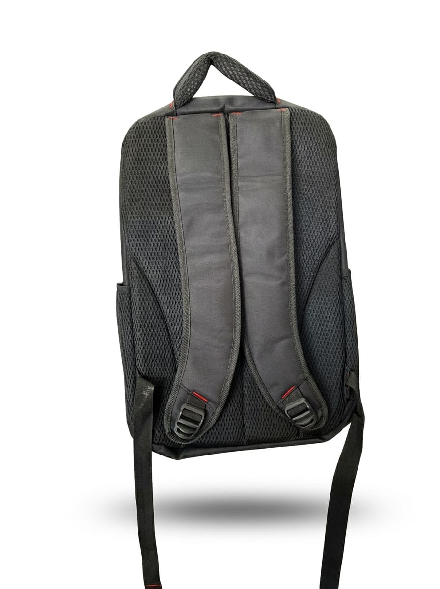 "Back view of HP black backpack showing padded adjustable shoulder straps, breathable mesh ventilation panel, quick-release buckles, and reinforced top carry handle"
