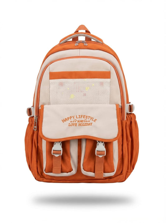 Front view: "Vintage two-tone orange and cream backpack with Happy Lifestyle embroidery, dual buckle front pockets, mesh panel, and multiple compartments on white background"
