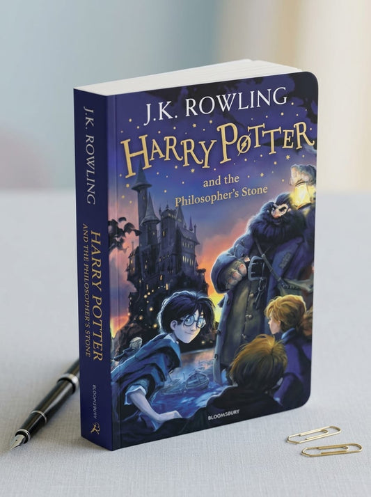 "Front cover of Harry Potter and the Philosopher's Stone by J.K. Rowling - Bloomsbury edition showing Harry Potter, Hagrid, and Hogwarts castle under a starry twilight sky, golden title text, dark blue background, standing on a light surface with a black pen and paper clips"