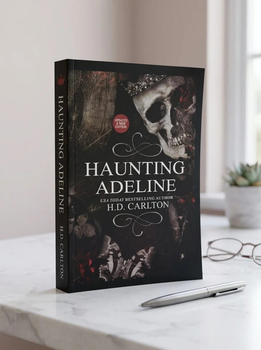 Book titled 'Haunting Adeline' by H.D. Carlton on a marble surface with glasses in the background.