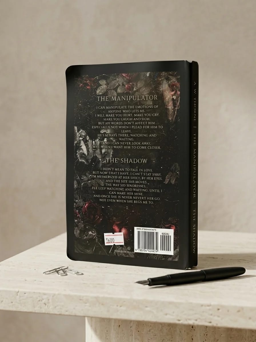 Back cover of a book with text and a barcode on a beige surface