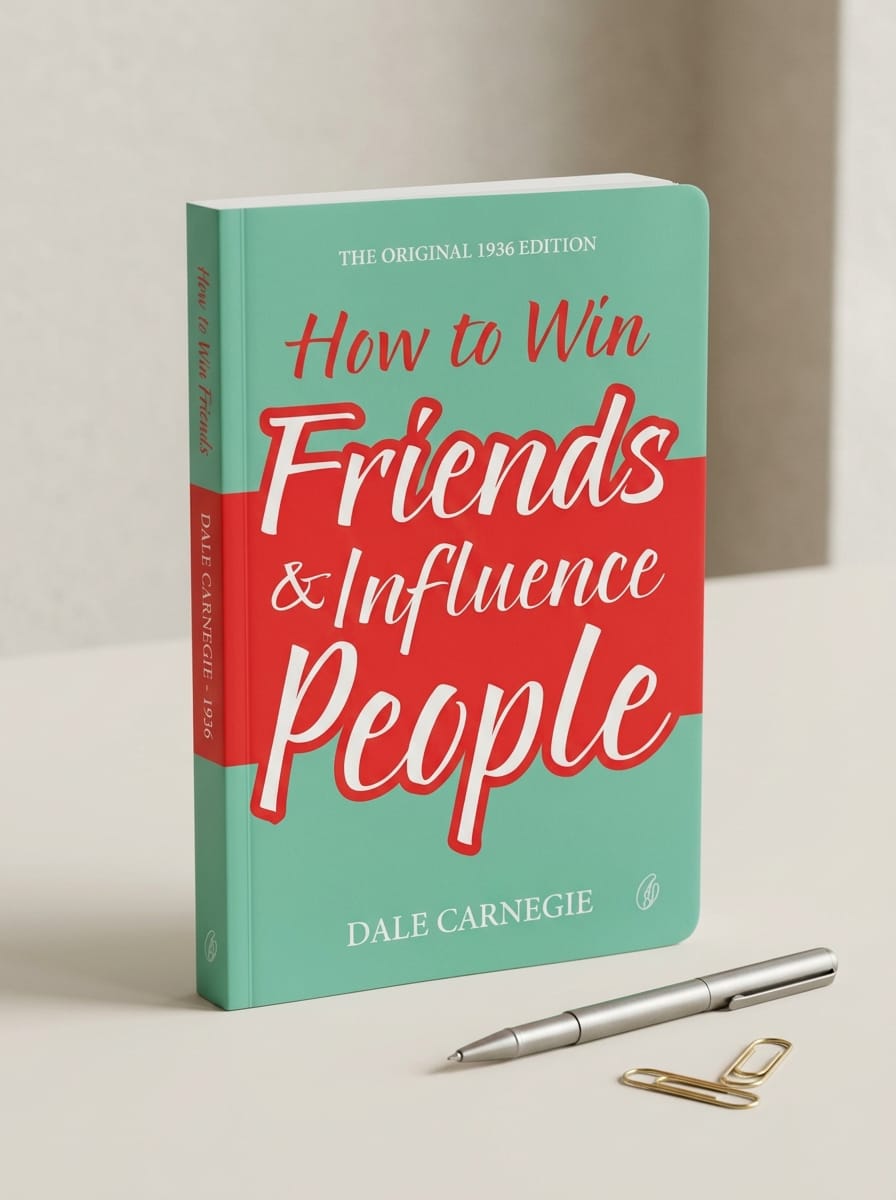 Book titled 'How to Win Friends & Influence People' by Dale Carnegie on a light surface with a pen and paper clips.