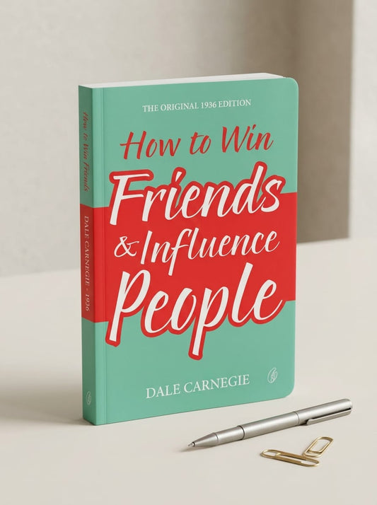 Book titled 'How to Win Friends & Influence People' by Dale Carnegie on a light surface with a pen and paper clips.