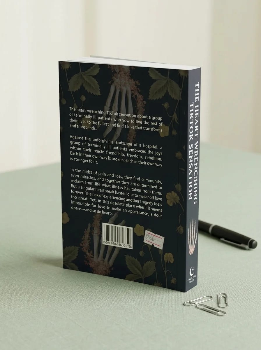 Book with dark cover and text on a light surface with a pen and paper clips.