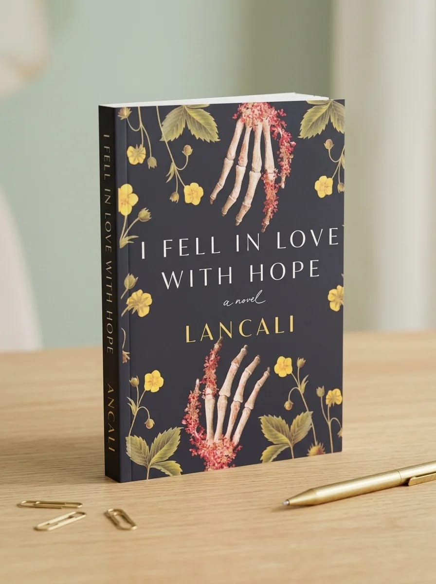 Book titled 'I Fell in Love with Hope' by Lancali on a wooden surface with a pen and gold objects.