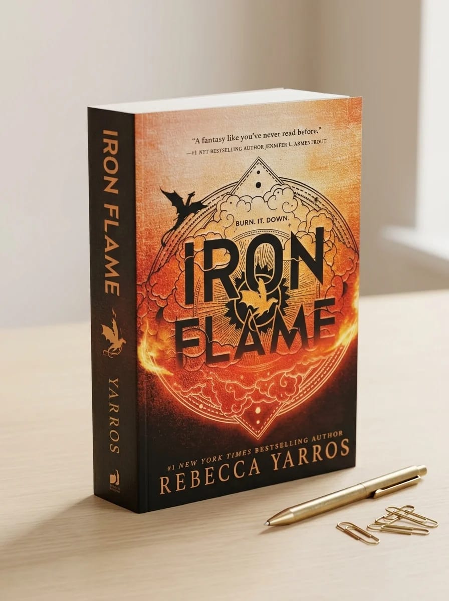 Book titled 'Iron Flame' by Rebecca Yarros on a table with a pen and paper clips.