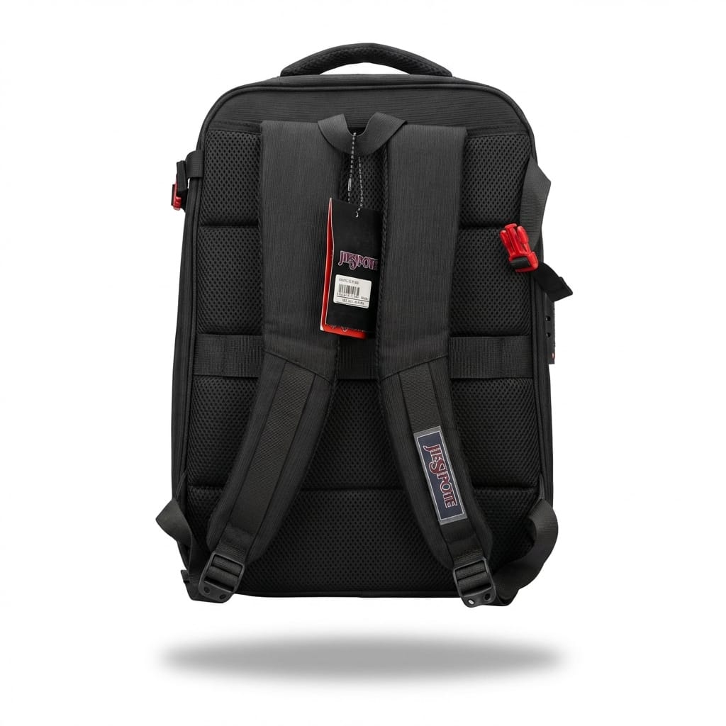 Image 1 (Back view): "Back view of black JIESPORT gaming backpack showing padded ergonomic shoulder straps, breathable mesh back panel, red accent buckles, and JIESPORT branded label"
