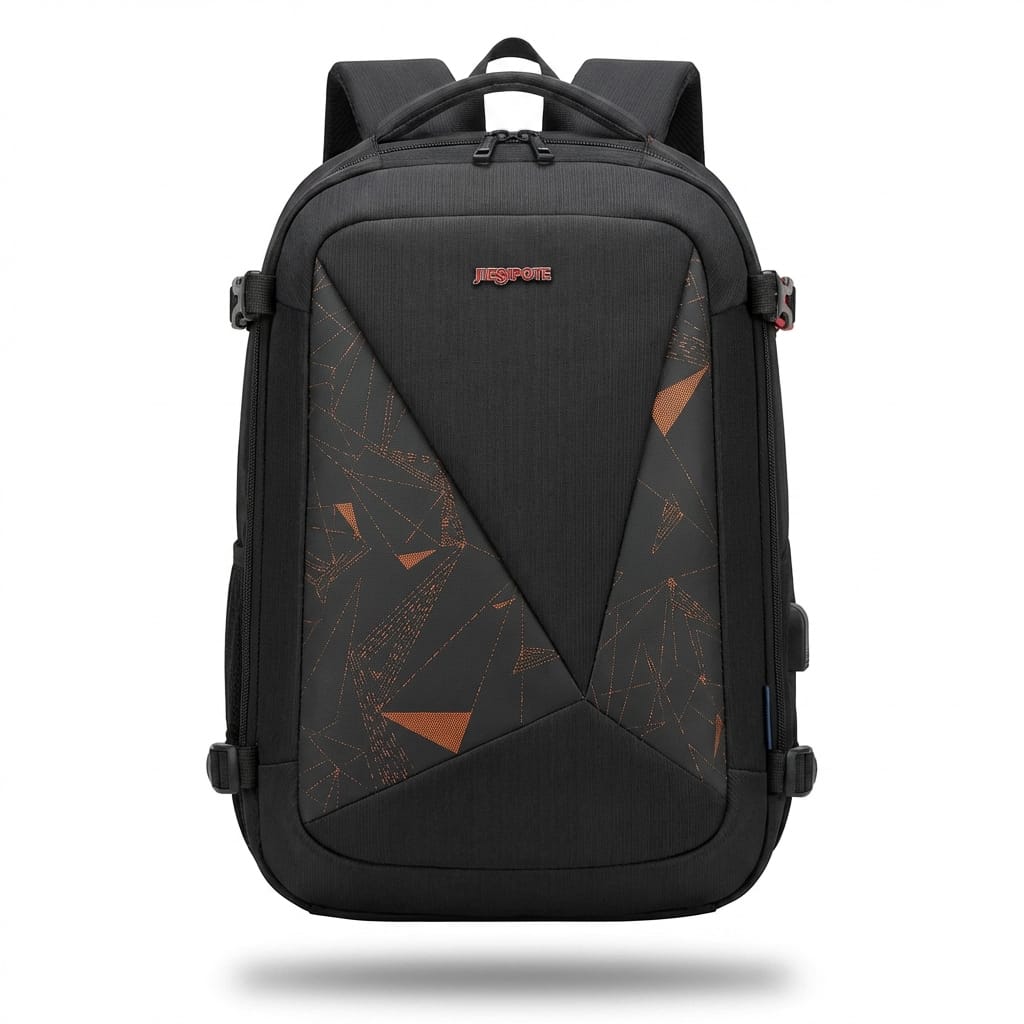 Image 2 (Front view): "Front view of black laptop backpack with geometric orange triangle pattern, JIESPORT logo, side compression straps, and dual top handles by Malik Stationery"

