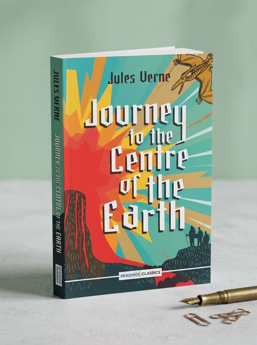 Book titled 'Journey to the Centre of the Earth' by Jules Verne with colorful cover design on a light gray surface.