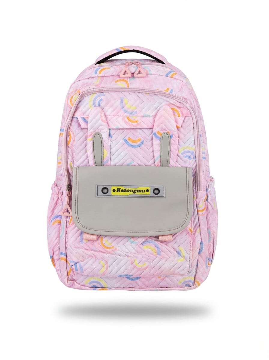 Pink backpack with rainbow patterns on a white background