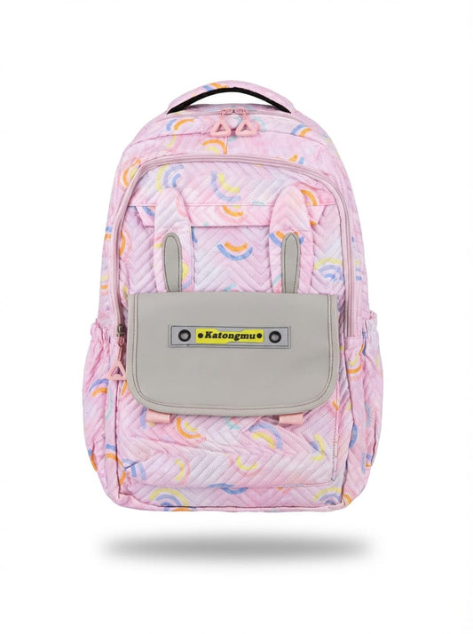 Pink backpack with rainbow patterns on a white background