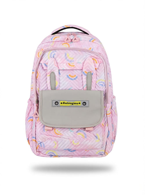 Katongmu Rainbow Pink Backpack for Girls – Quilted School Bag with Cute Bunny Ears | Pastel Rainbow Design