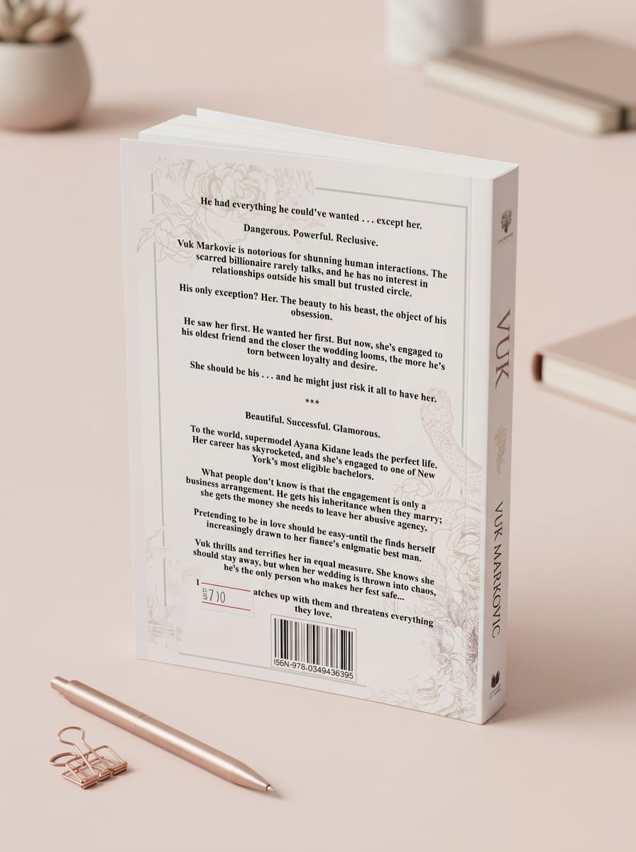 Back cover of a book with text and a pen on a light surface