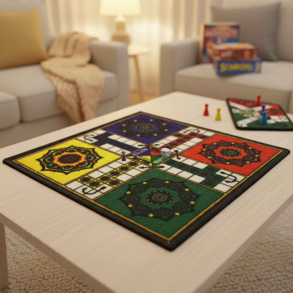 "Colorful fabric Ludo board game mat with yellow, blue, red and green mandala-patterned home bases displayed on wooden coffee table in cozy living room, featuring playing pawns and dice mid-game with blurred Monopoly box in background"