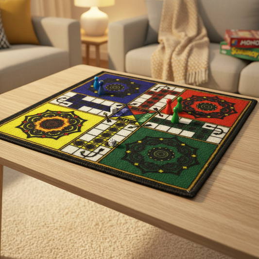 "Colorful fabric Ludo board game mat with yellow, blue, red and green mandala-patterned home bases displayed on wooden coffee table in cozy living room, featuring playing pawns and dice mid-game with blurred Monopoly box in background"