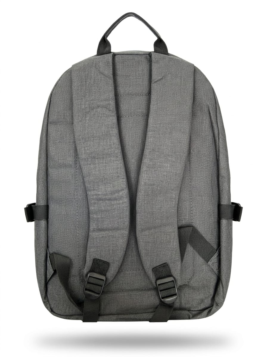 "Back view of dark gray Lenovo laptop backpack showing padded ergonomic shoulder straps with black plastic buckles, reinforced top carry handle, and adjustable side compression straps on white background"
