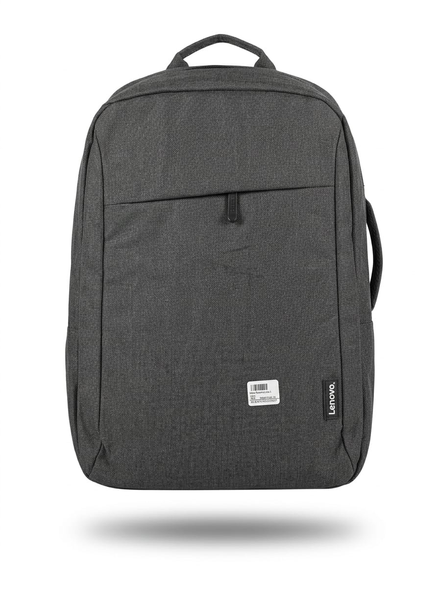"Front view of heather gray Lenovo backpack featuring minimalist design, front zippered pocket, vertical Lenovo brand tag on bottom right, side carry handle, and product barcode sticker on white background"
