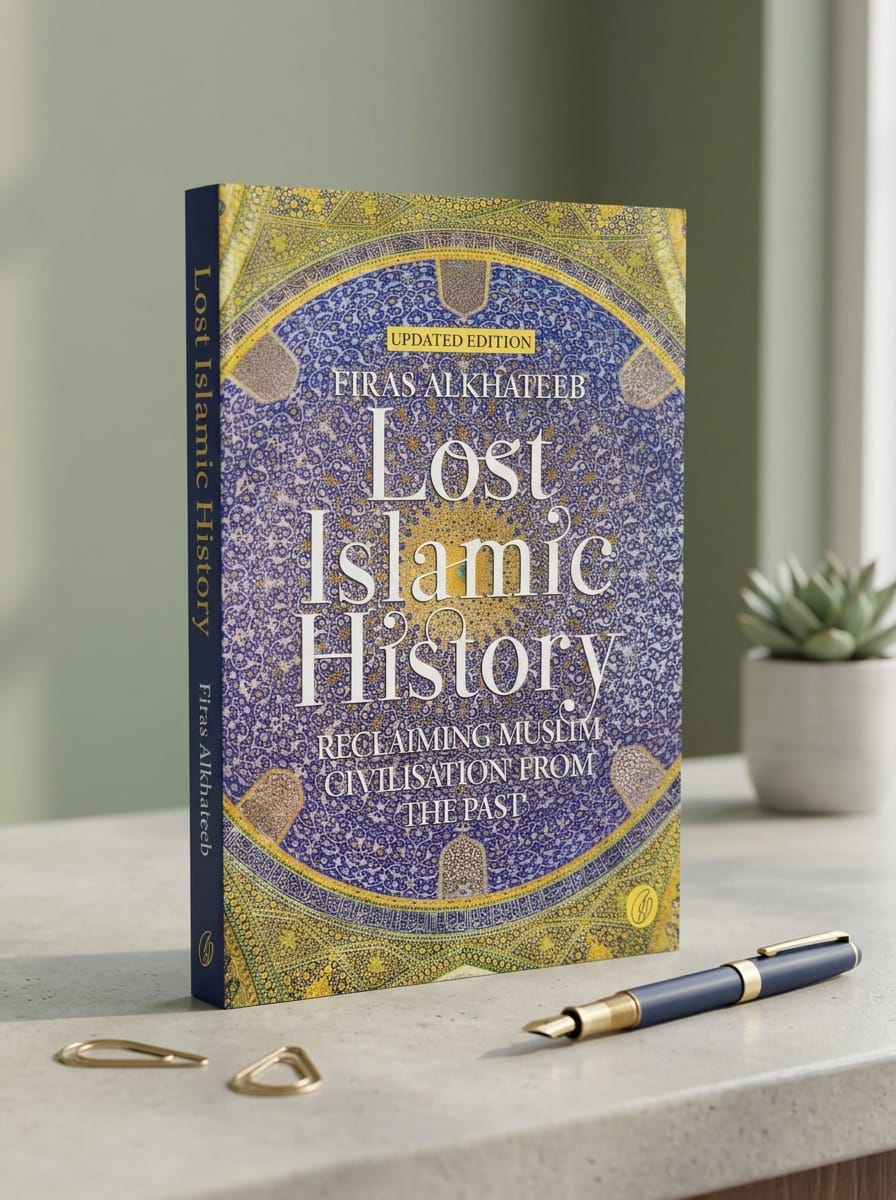 Book titled 'Lost Islamic History' on a table with a pen and plant in the background