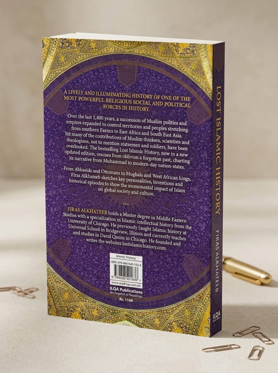 Back cover of a book titled 'Lost Islamic History' with gold and purple design on a light background.