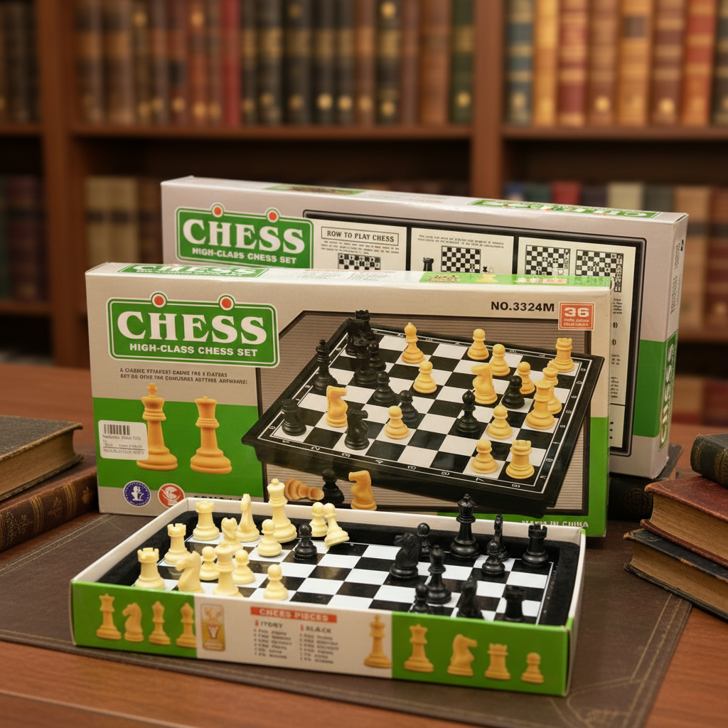 "Magnetic folding chess set Model 3324M with open board displaying ivory and black pieces in velvet foam storage slots, green and white packaging box showing chess instructions, displayed on wooden desk with vintage books in library background"