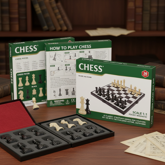 "Magnetic folding chess set Model 3324M with open board displaying ivory and black pieces in velvet foam storage slots, green and white packaging box showing chess instructions, displayed on wooden desk with vintage books in library background"
