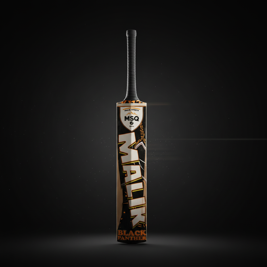 "Malik Sports MSQ Black Panther cricket bat standing vertically against dark background, featuring black laminated blade with bold white Malik lettering, orange flame graphics near shoulder, MSQ Quetta shield logo, and black rubber grip handle"
