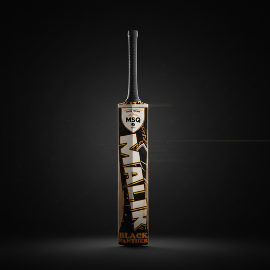 "Malik Sports MSQ Black Panther cricket bat standing vertically against dark background, featuring black laminated blade with bold white Malik lettering, orange flame graphics near shoulder, MSQ Quetta shield logo, and black rubber grip handle"
