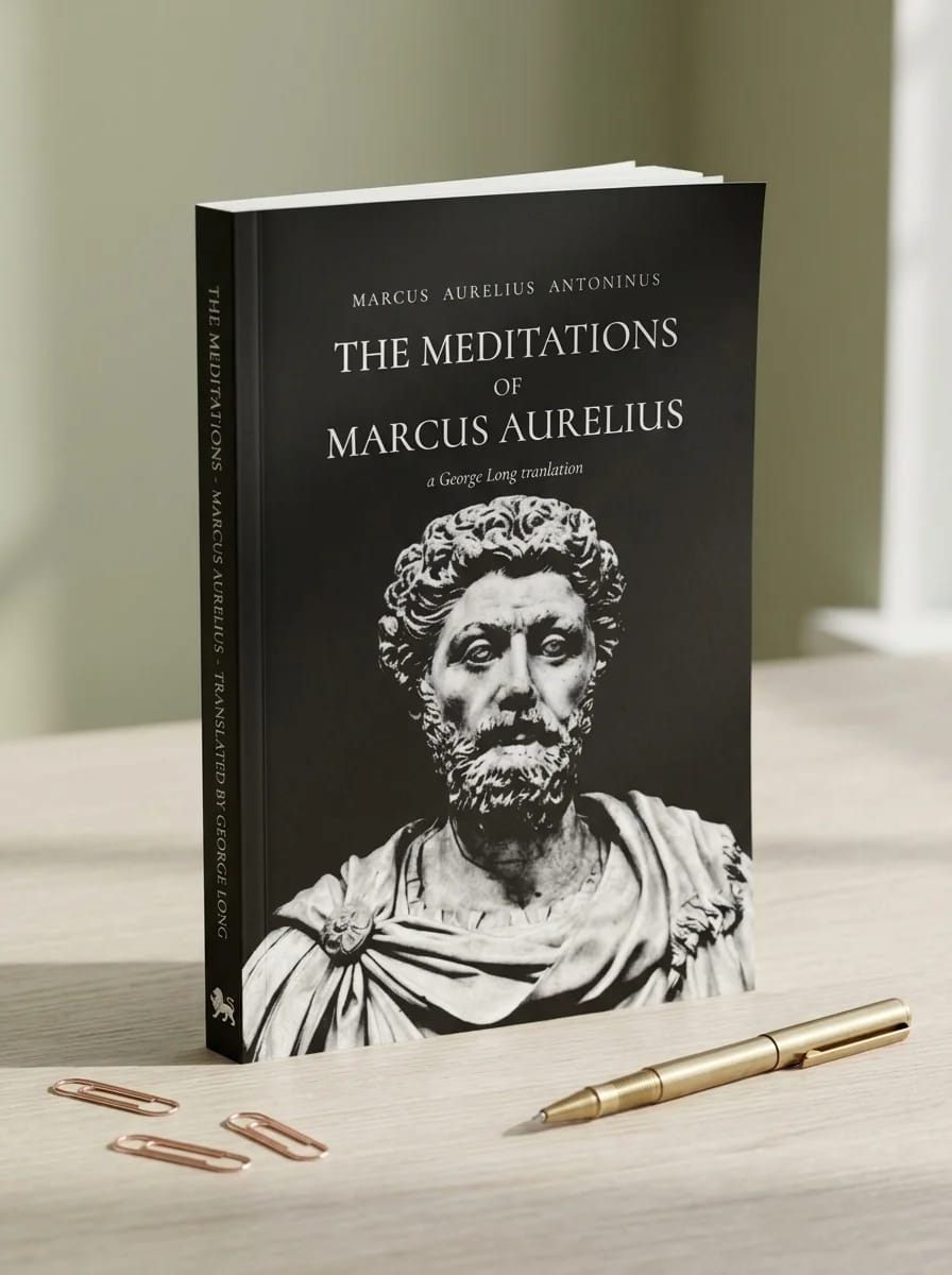 Book titled 'The Meditations of Marcus Aurelius' with a portrait on the cover, placed on a wooden surface with a pen.