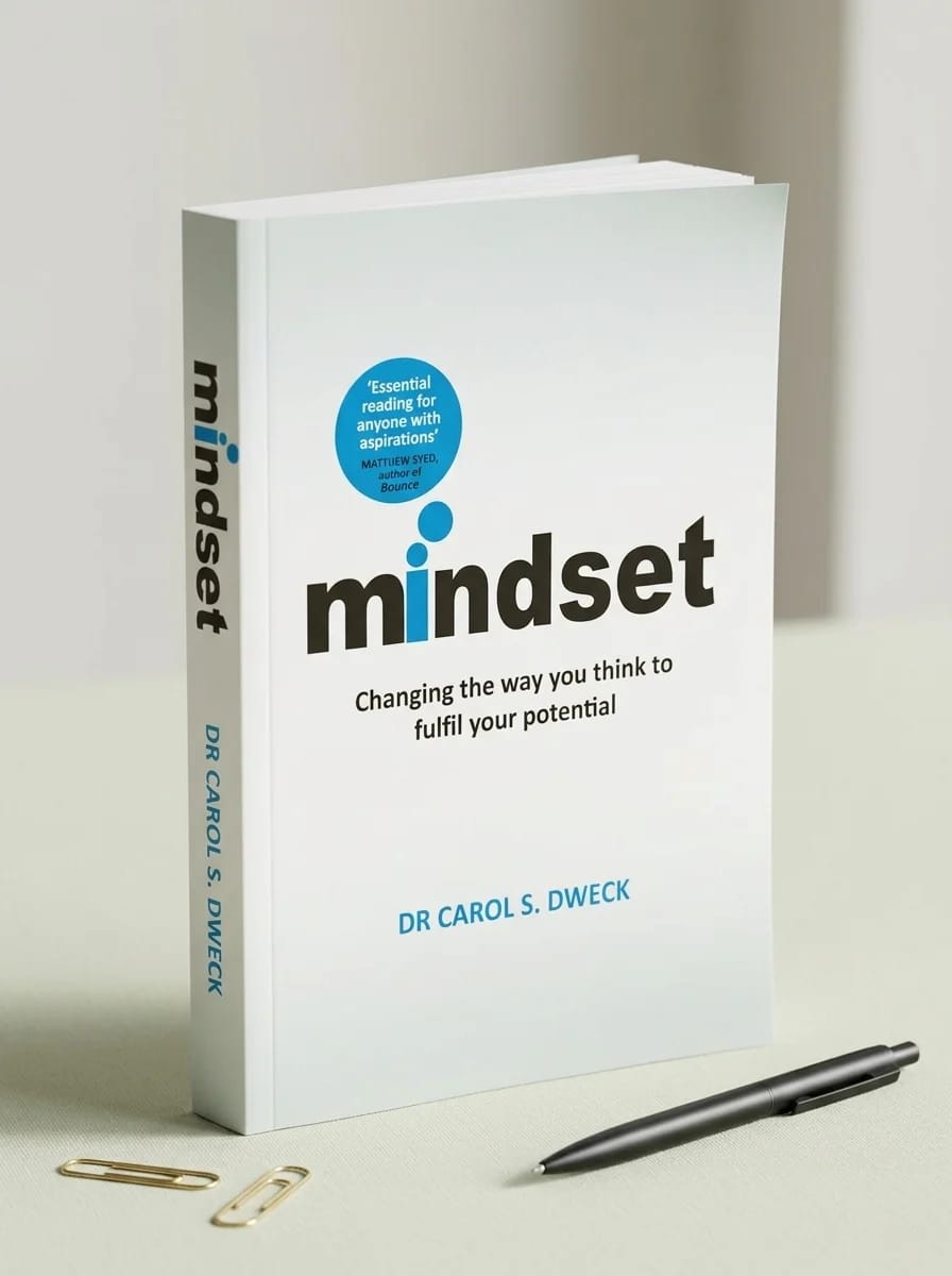 Book titled 'mindset' by Dr. Carol S. Dweck on a light background with a pen and paper clips.