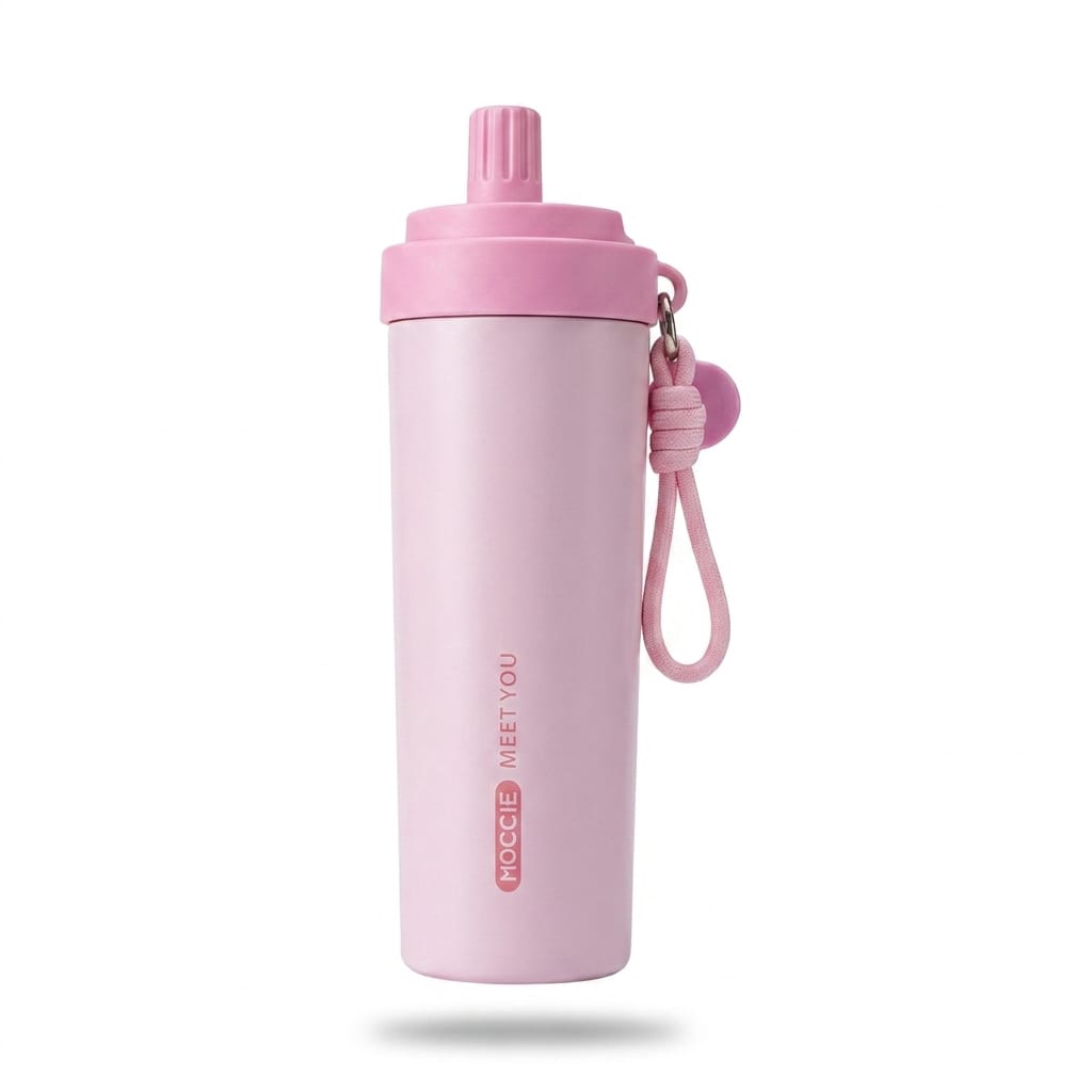 Moccie Meet You Insulated Stainless Steel Water Bottle with Straw Lid & Carry Strap – Pink