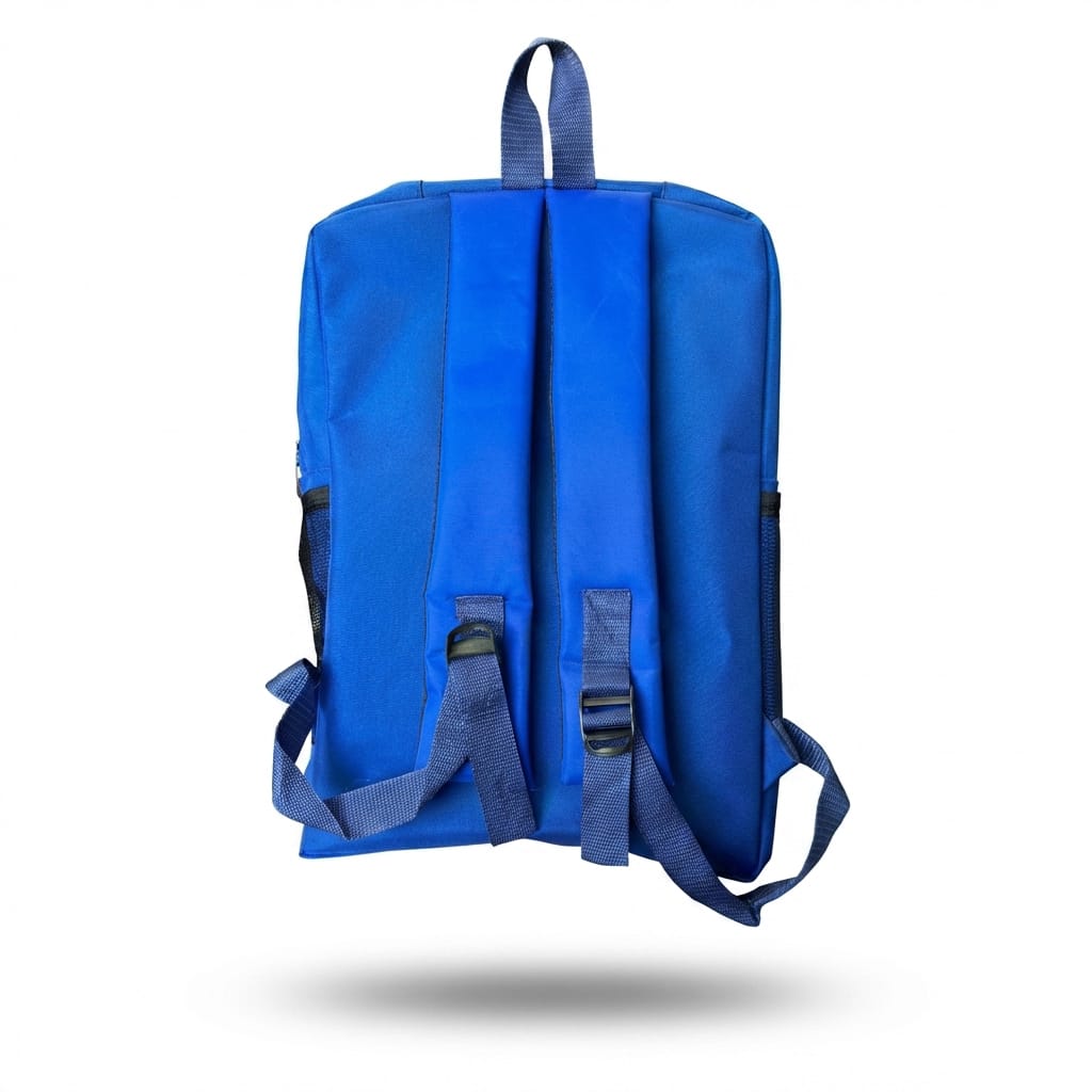 Image 2 (Back view): "Back view of blue Nike school bag showing padded shoulder straps with adjustable buckles and top handle"
