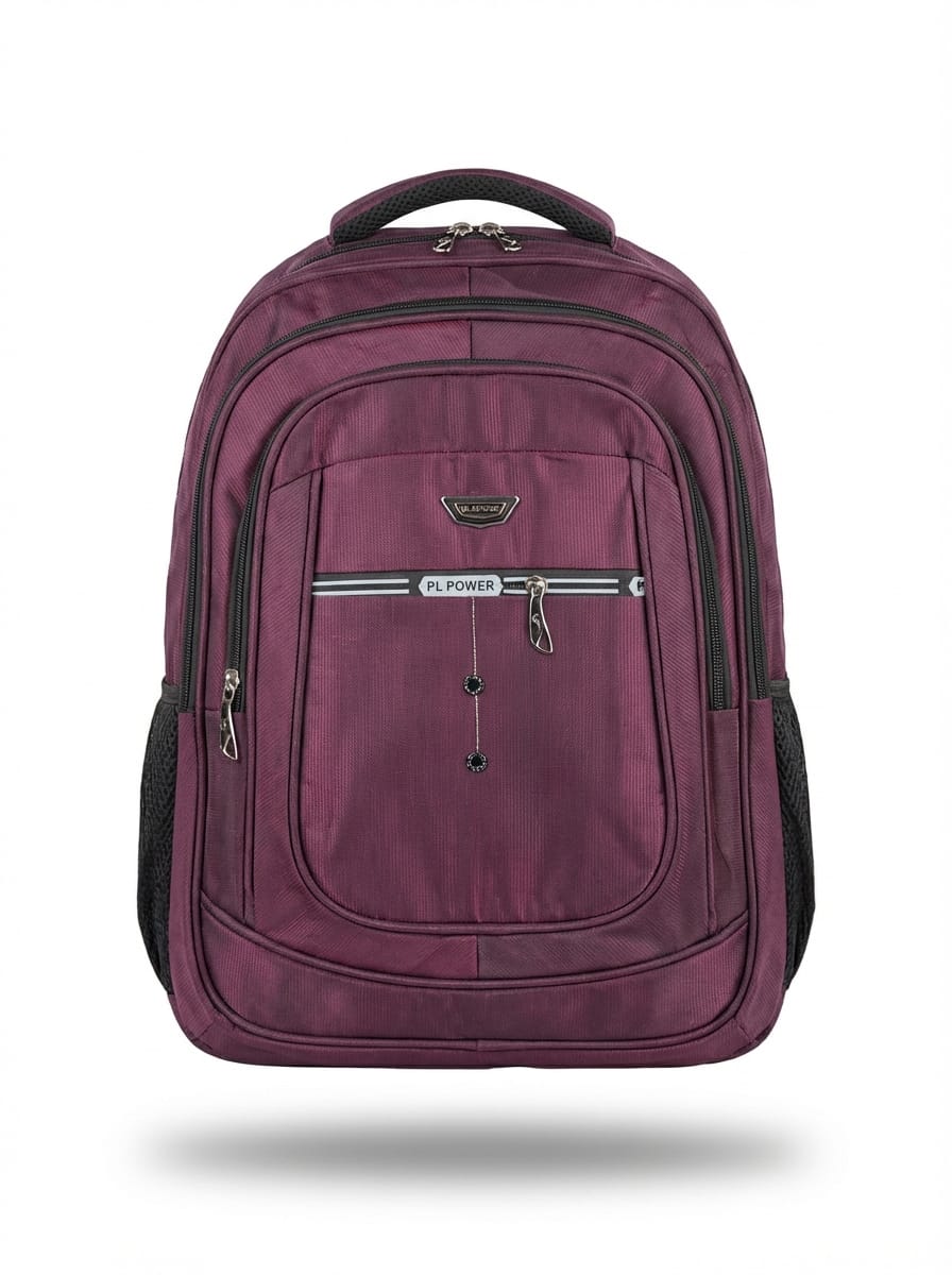 Purple backpack with black accents on a white background