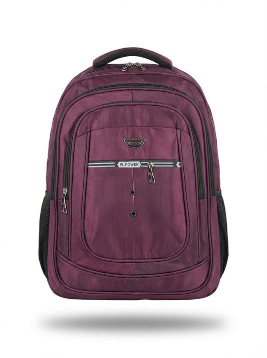 Purple backpack with black accents on a white background