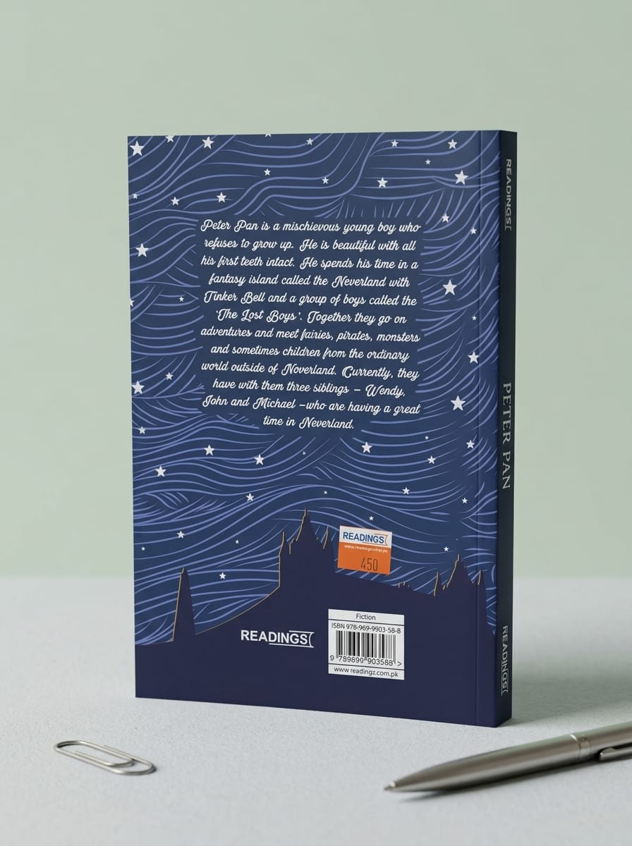 "Back cover of Peter Pan by J.M. Barrie showing book summary about Neverland, Tinker Bell, the Lost Boys, and Captain Hook, dark blue wavy starry design, READINGS Classics logo, ISBN barcode, orange price sticker, placed on a light surface with a silver pen and paper clip"