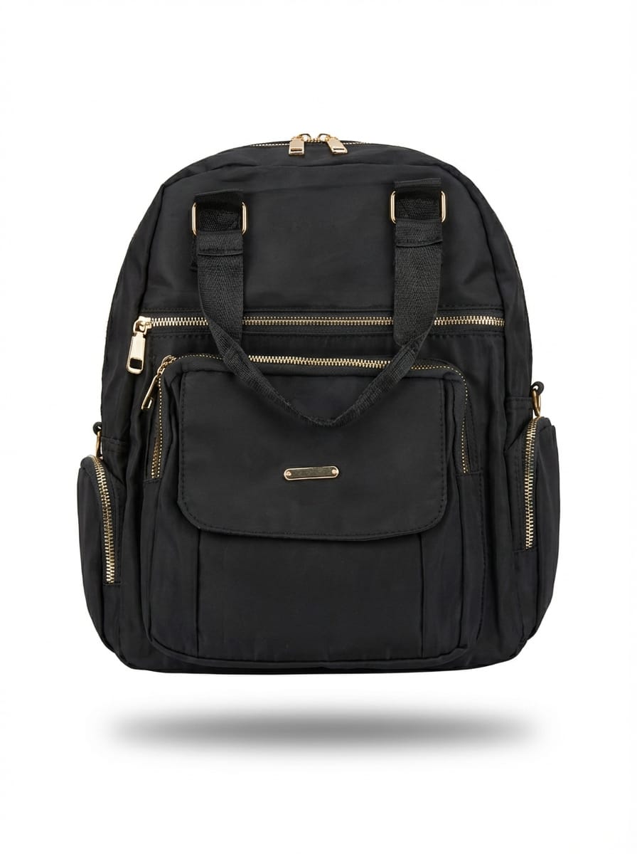 Front view: "Premium black nylon backpack with gold zippers, front flap pocket, side pockets, and dual top handles on white background"
