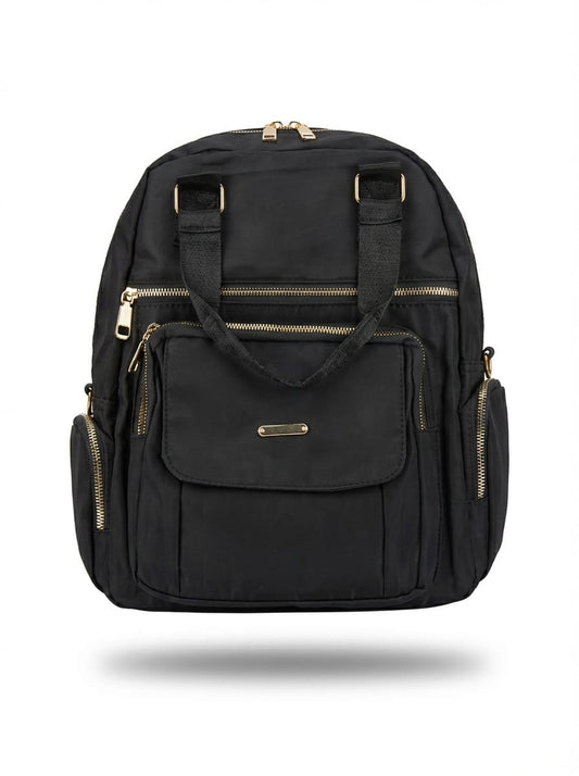Front view: "Premium black nylon backpack with gold zippers, front flap pocket, side pockets, and dual top handles on white background"
