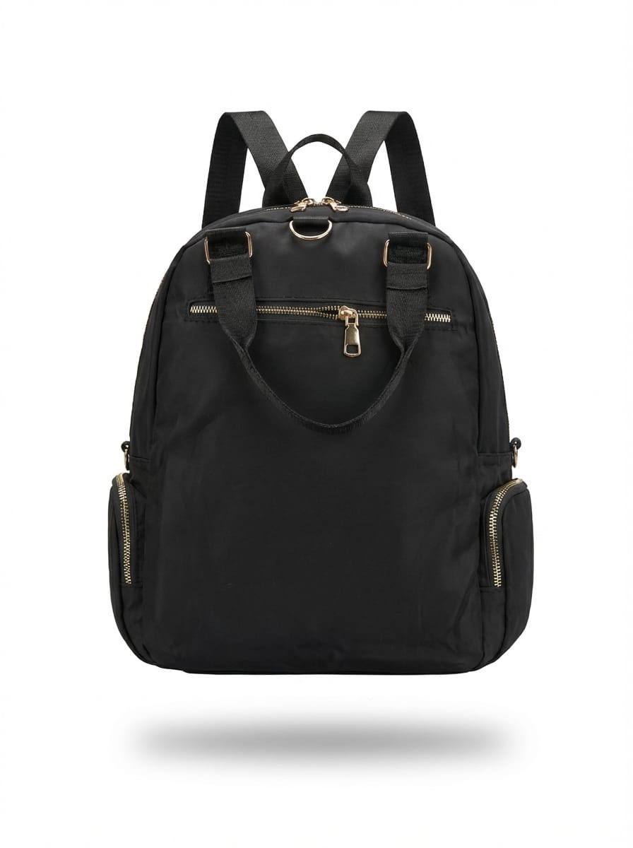 Back view: "Back view of black backpack showing padded shoulder straps, top handle, and back zippered pocket with gold hardware"
