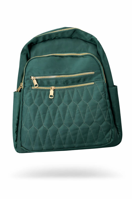 "Back view of emerald green backpack showing padded adjustable shoulder straps, top carry handle, side pockets, and gold-tone zipper details on a white background"