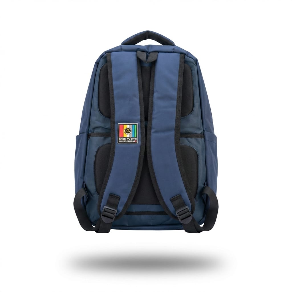 "Back view of navy blue quilted backpack showing padded shoulder straps with mesh panels and colorful Malik Stationery logo patch"