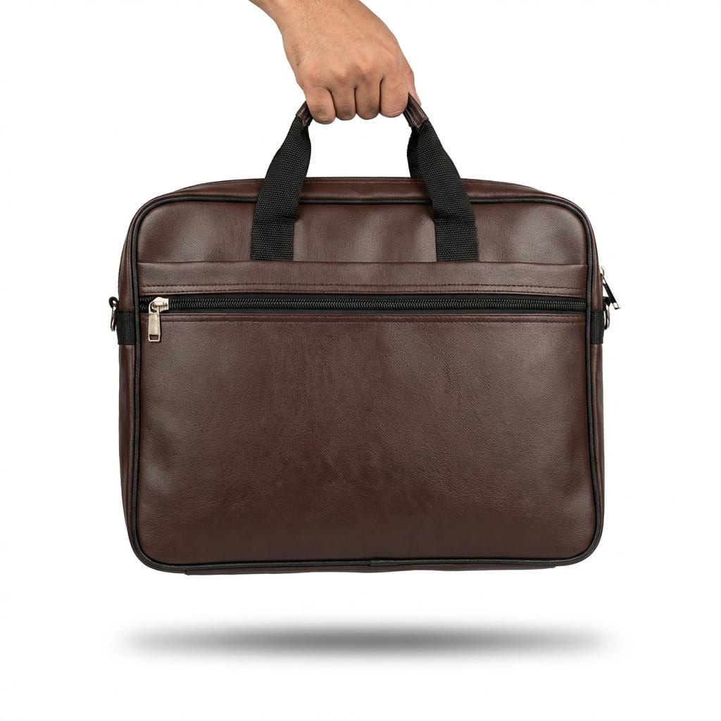  (Hand-held view): "Hand holding premium brown faux leather laptop briefcase showing front zipper pocket and black reinforced handles by Malik Stationery"