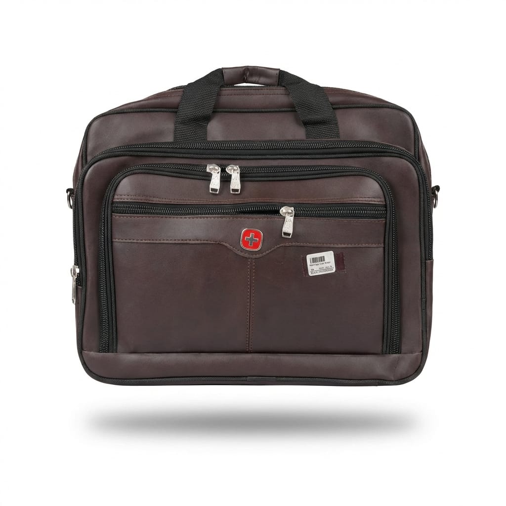   "Front view of executive brown leather-style business bag with Swiss cross emblem, multiple zippered compartments, and silver hardware"